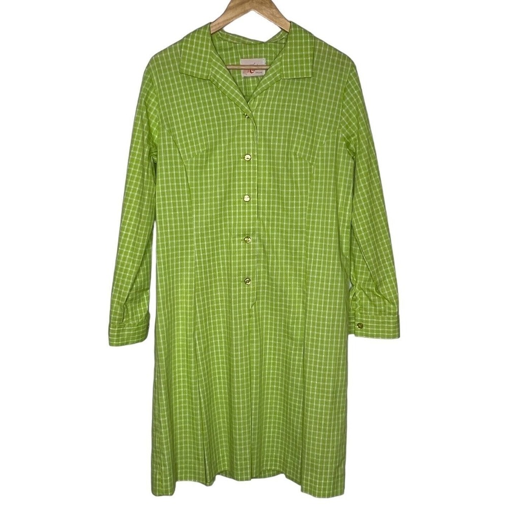 Vintage Shirt Dress Womens XL Green White‎ Checked Chartreuse 1960s Shift